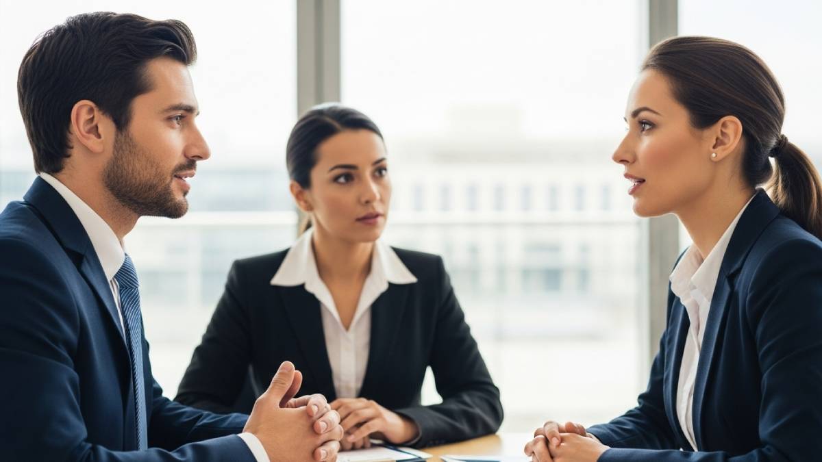 Liaison interpreter facilitating a professional conversation between two people