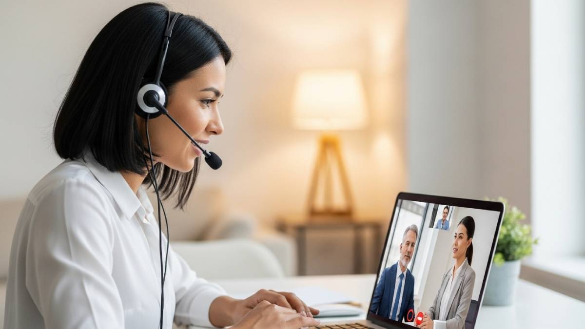 Interpreter with headset in a videoconference, translating between two people remotely.