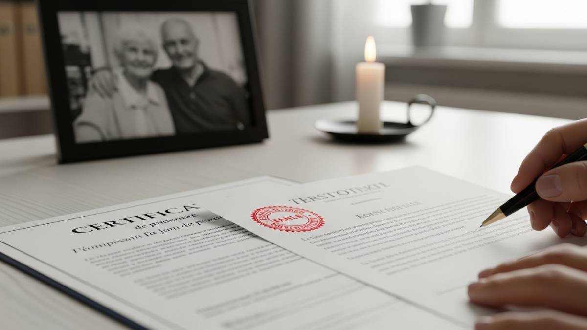 Traduzione certificato di morte con timbro rosso, candela e foto in sfondo sfocato