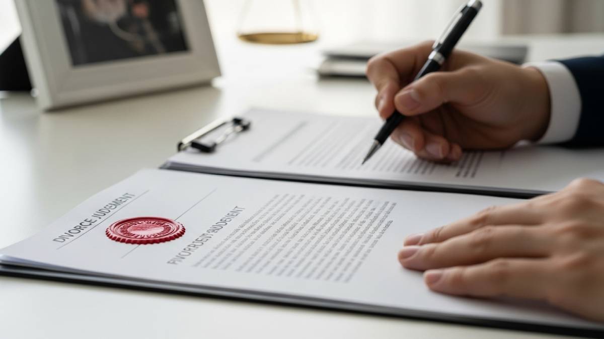 Scheidungsurteil mit rotem Stempel übersetzt, nüchterner Schreibtisch, Fotorahmen in den Hintergrund gekehrt