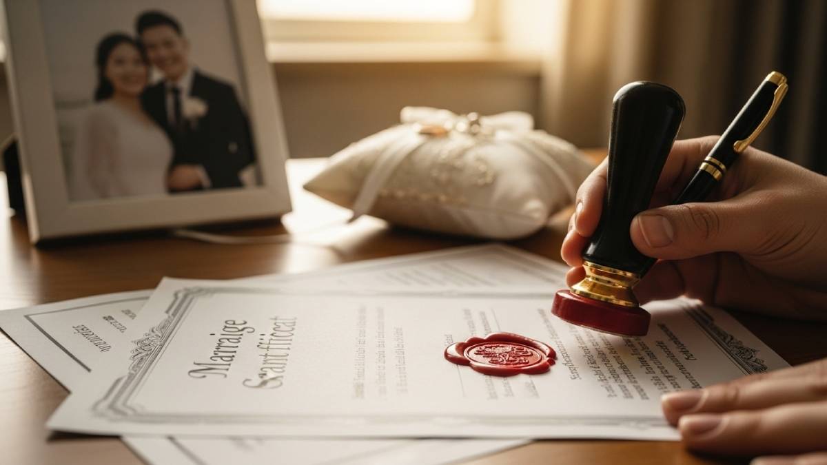 Acte de mariage traduit avec cachet rouge, alliances et photo de couple en arrière-plan