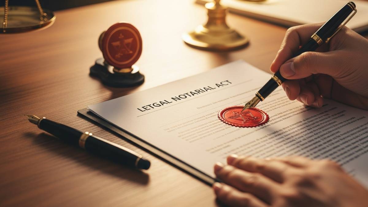 Atto notarile tradotto con timbro rosso, penna stilografica e sigillo su una scrivania
