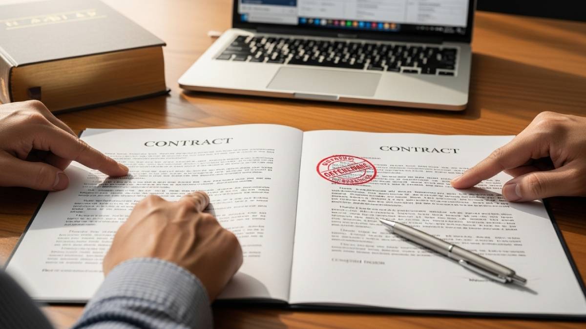 Traduction de contrat avec cachet rouge, deux mains montrant le document, stylo et fond juridique