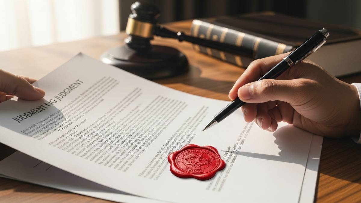 Traduzione di sentenza con timbro rosso, martello del giudice sfocato sullo sfondo