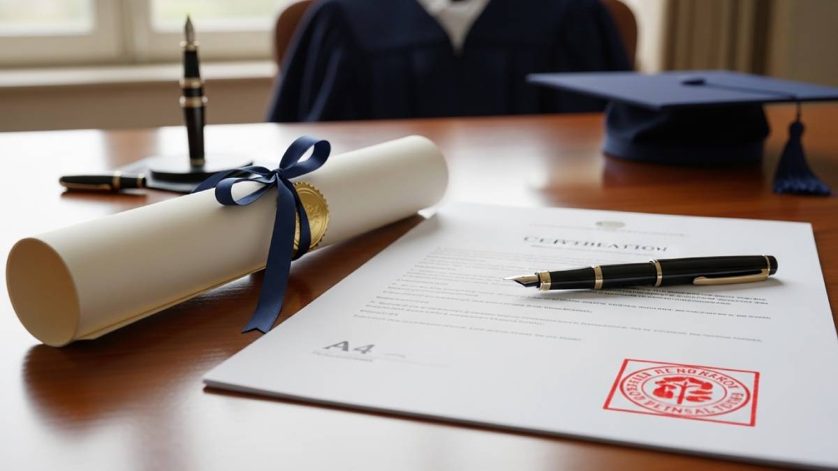 Diplôme et traduction assermentée avec cachet rouge, toge floue en arrière-plan