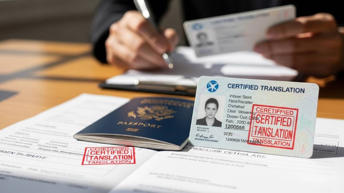 Passaporto e carta d’identità con traduzioni asseverate e timbro rosso sulla scrivania