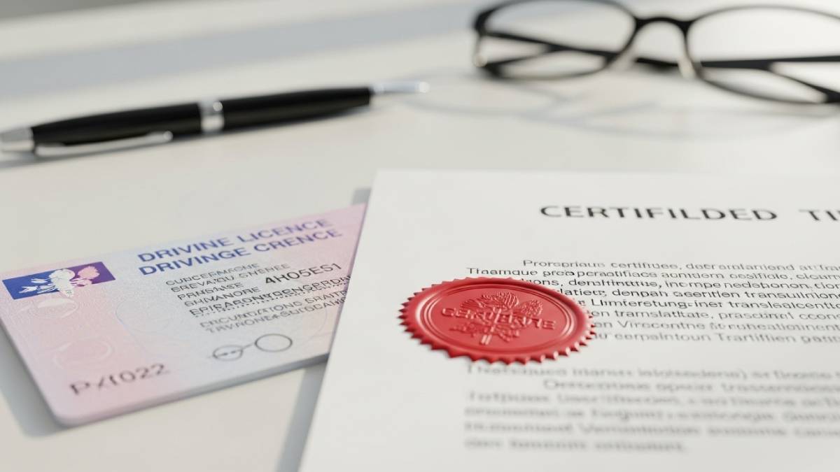 Permis français et traduction assermentée avec cachet rouge sur un bureau lumineux