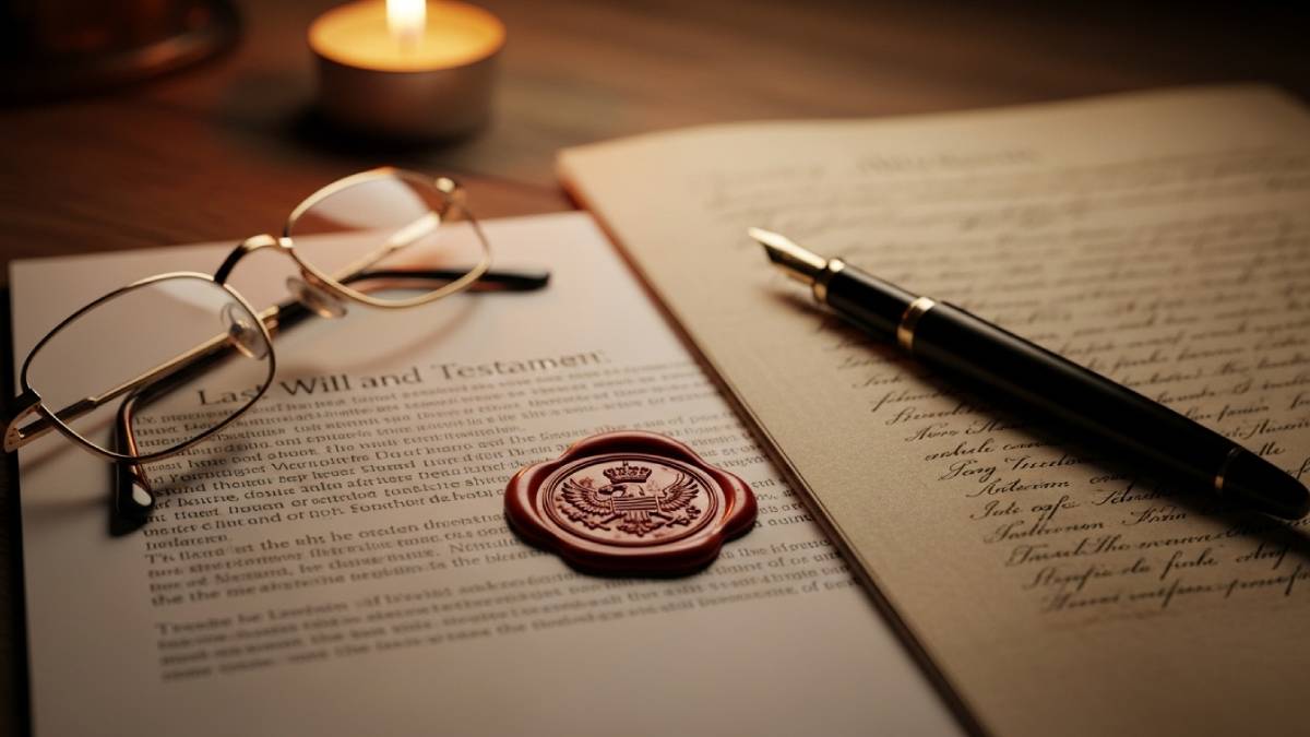 Übersetzung eines Testaments mit rotem Stempel, antikem Stift und gedämpftem Licht im Hintergrund