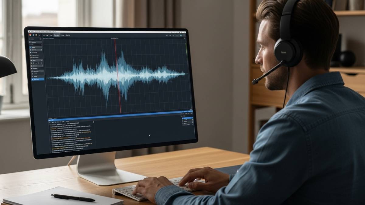 Personne avec casque transcrivant un audio, onde sonore visible sur écran