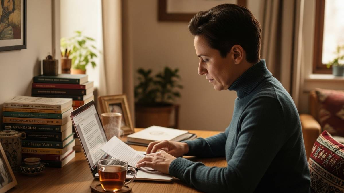 Focused native-speaking translator, comfortable interior, work on screen