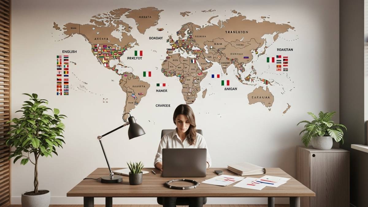 World map, flags of different languages, translators at work, international atmosphere