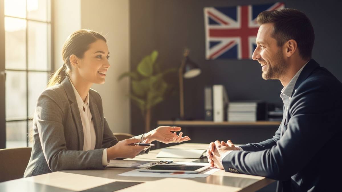 Traduttore scambio con un cliente di lingua inglese in un ufficio, atmosfera accogliente