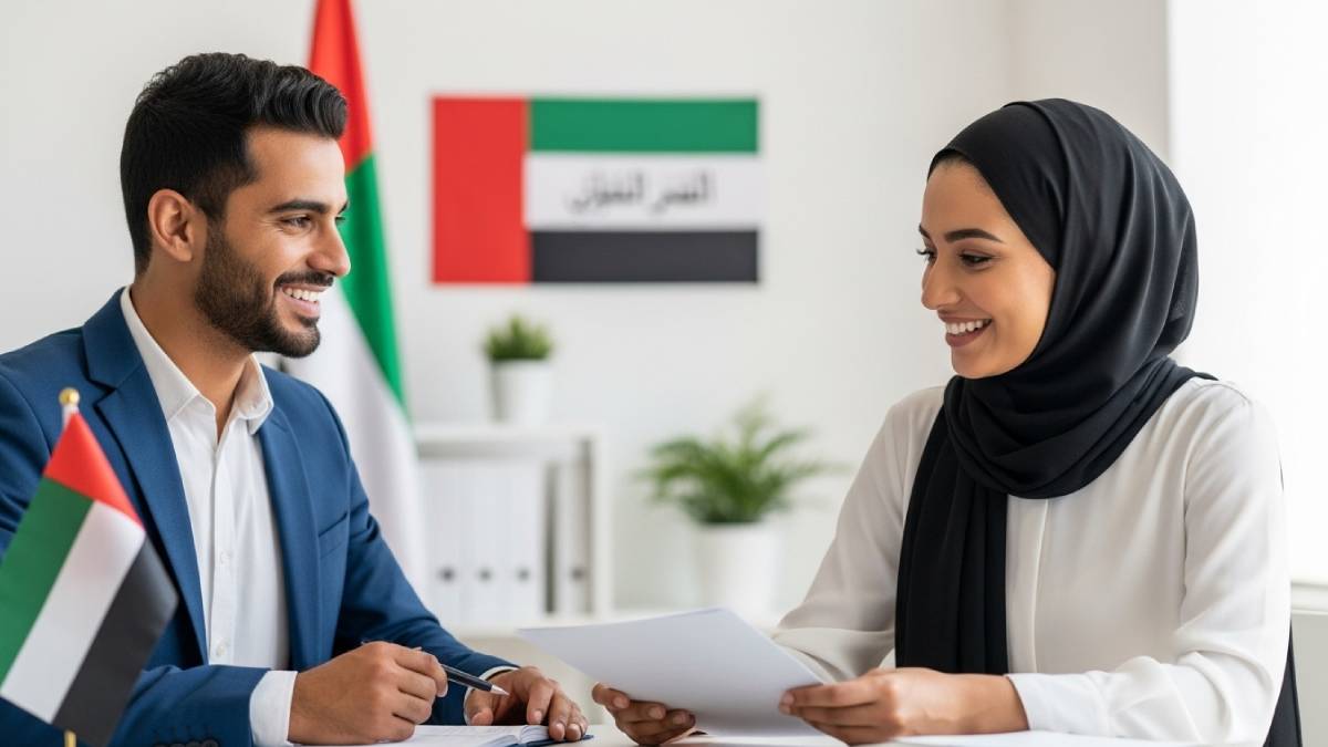 Traducteur avec client arabophone, bureau moderne, drapeau d’un pays arabe bien visible