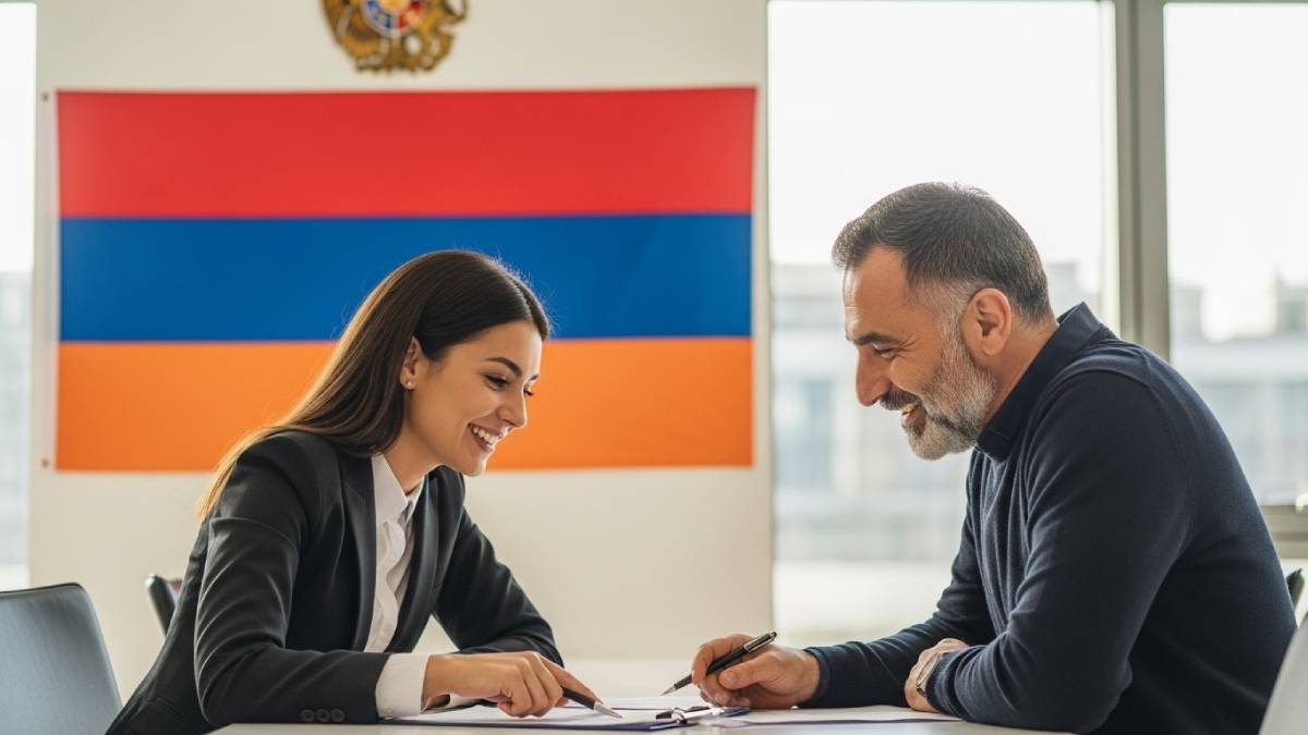 Traducteur avec client arménien, bureau moderne, drapeau arménien bien visible