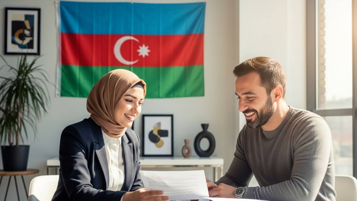 Traducteur avec client azéri, bureau lumineux, drapeau azerbaïdjanais bien visible