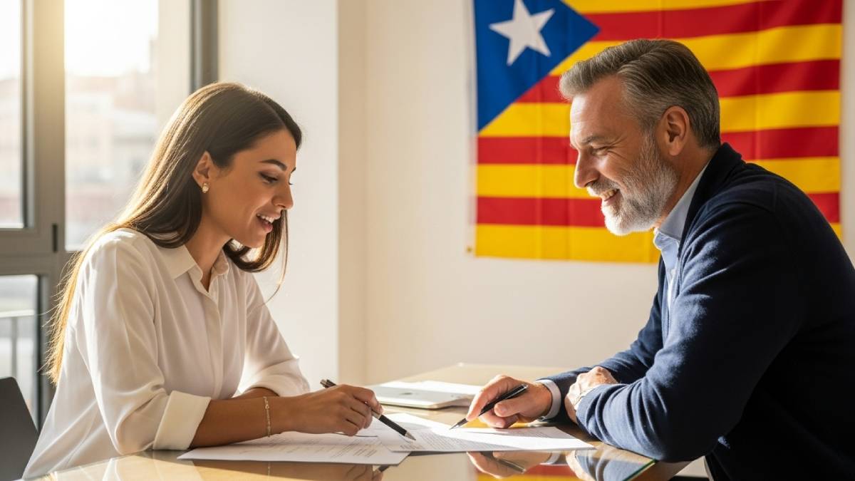 Traducteur avec client catalanophone dans un bureau moderne, drapeau catalan bien visible