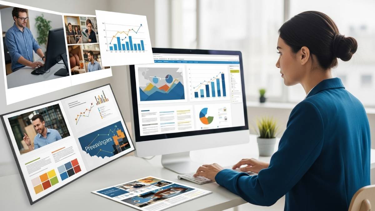 Kommerzieller Übersetzer, der an modernen mehrsprachigen Marketingmaterialien arbeitet
