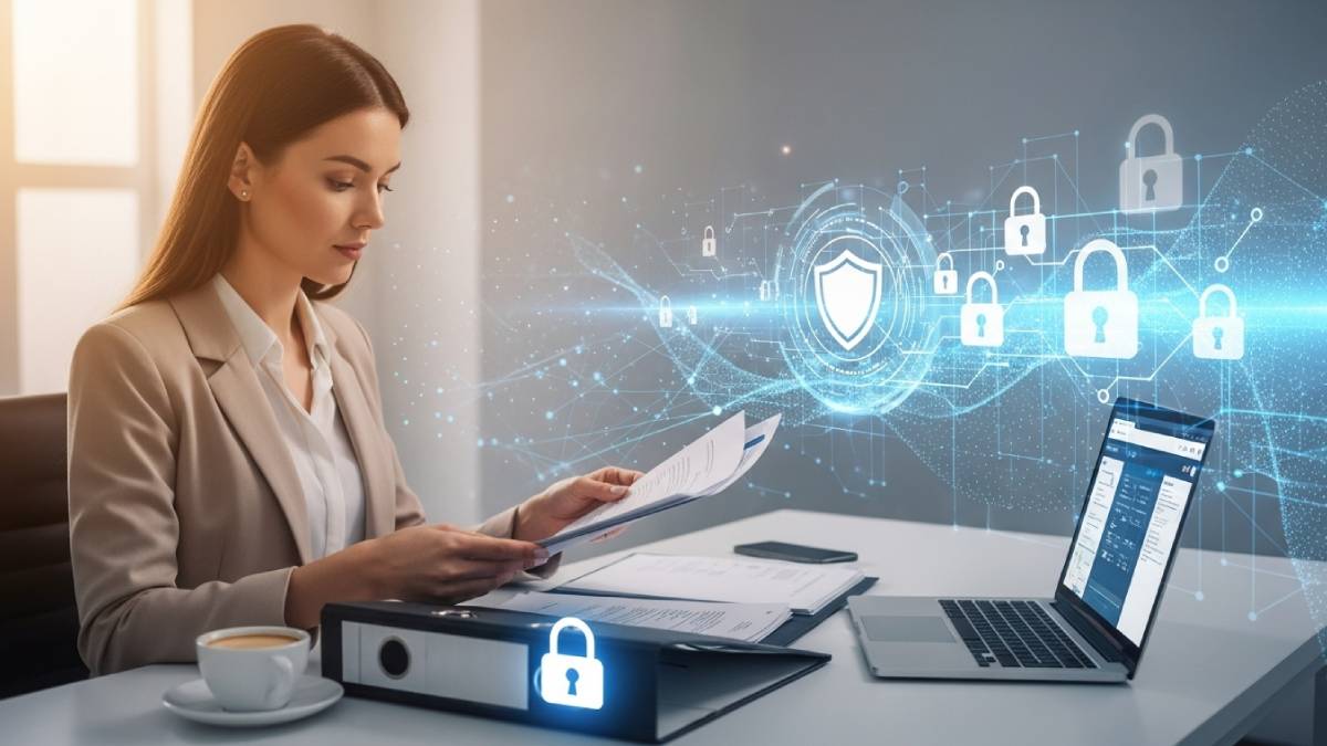 Translator who handles confidential documents, atmosphere of security and discretion