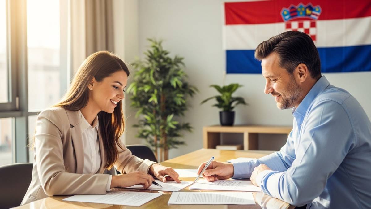 Traducteur avec client croatophone dans un bureau moderne, drapeau croate bien visible