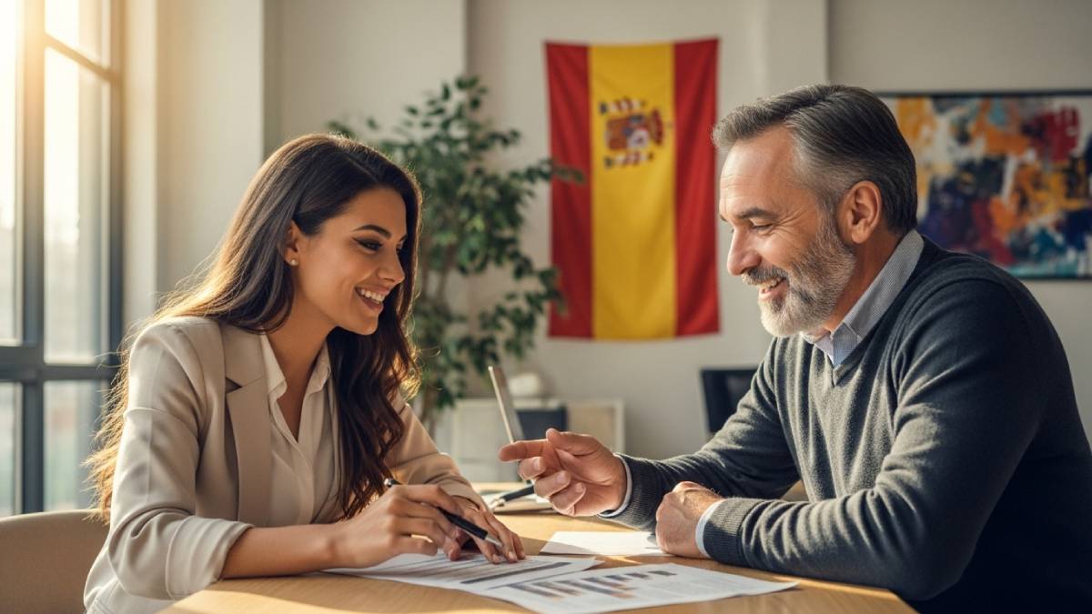 Traducteur échange avec un client hispanophone dans un bureau moderne, ambiance chaleureuse