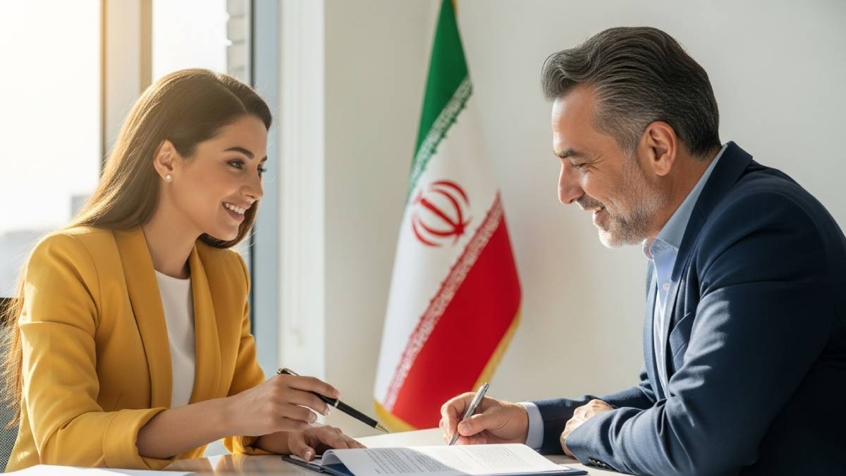 Traducteur avec client farsi, bureau lumineux, drapeau iranien bien visible
