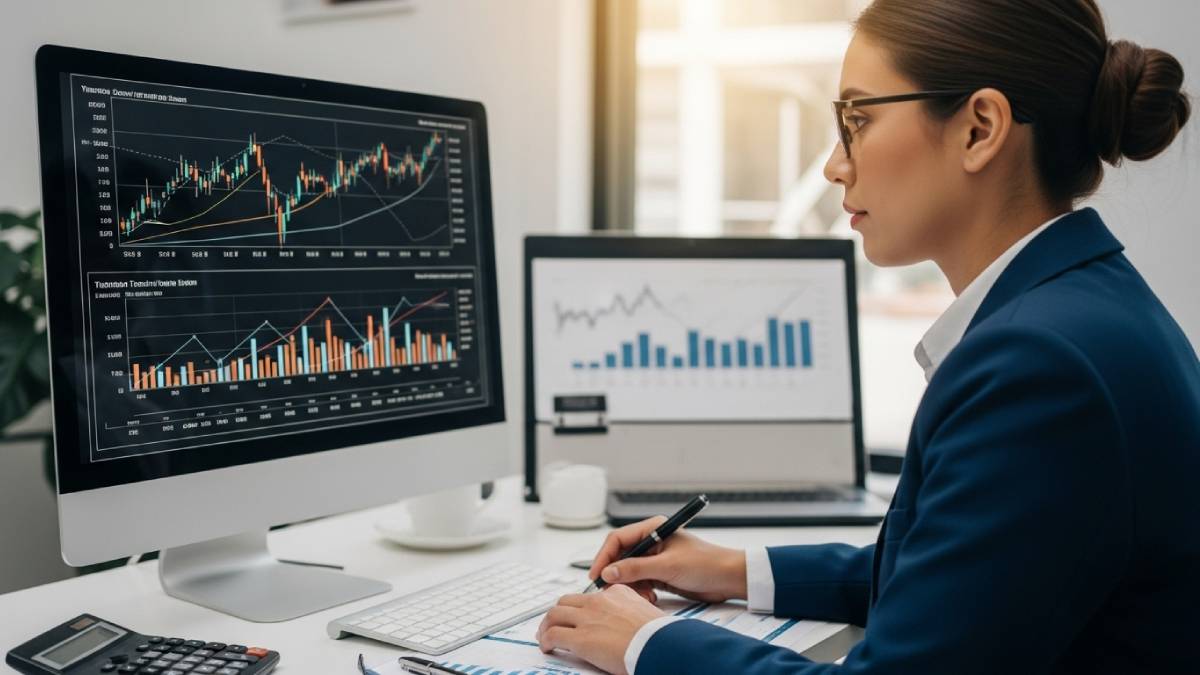 Traducteur financier devant des graphiques et tableaux dans un bureau élégant
