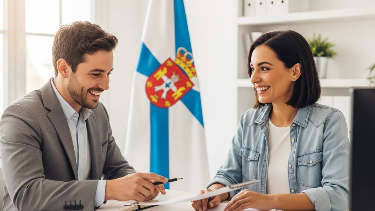 Traducteur avec client galicien, bureau moderne, drapeau galicien bien visible