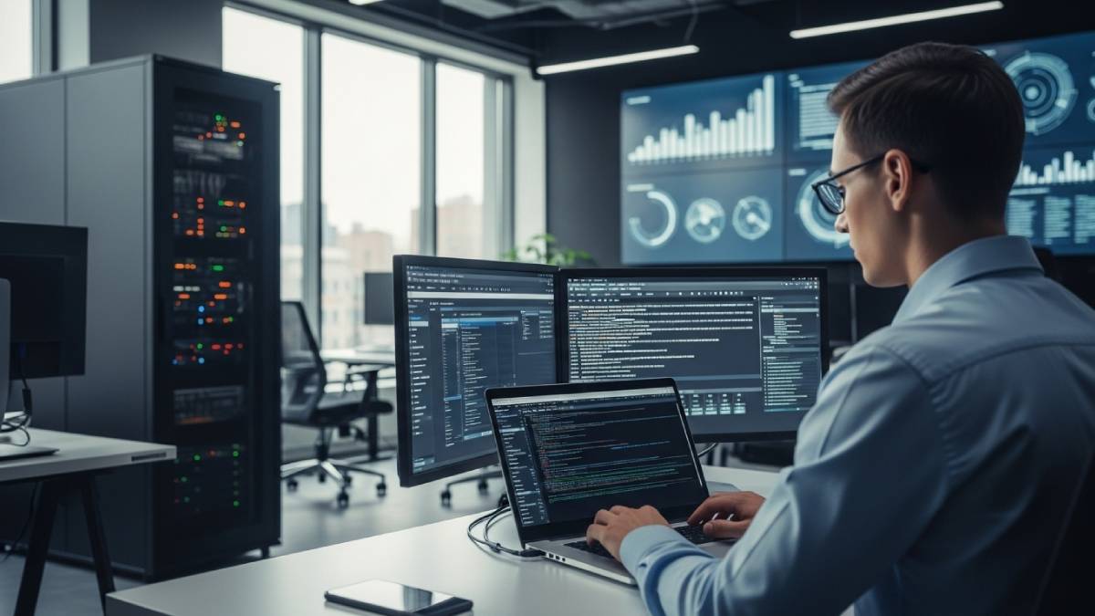 Traductrice informatique devant un écran affichant du code dans un bureau moderne