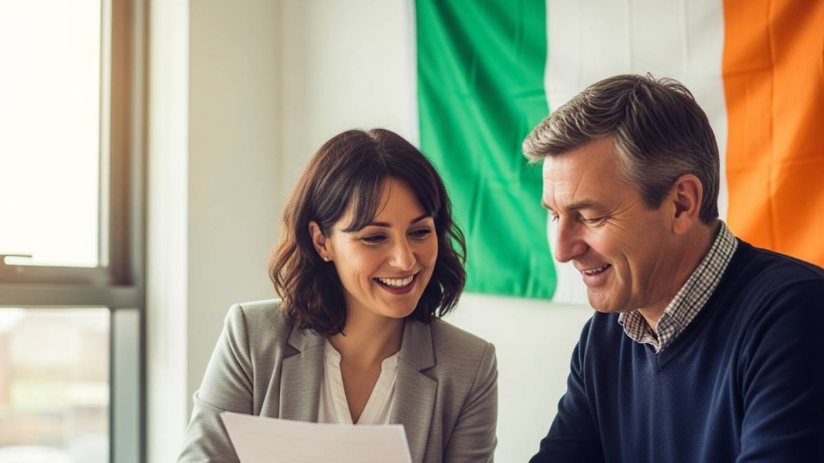 Traducteur avec client irlandophone, documents en main, drapeau irlandais bien visible
