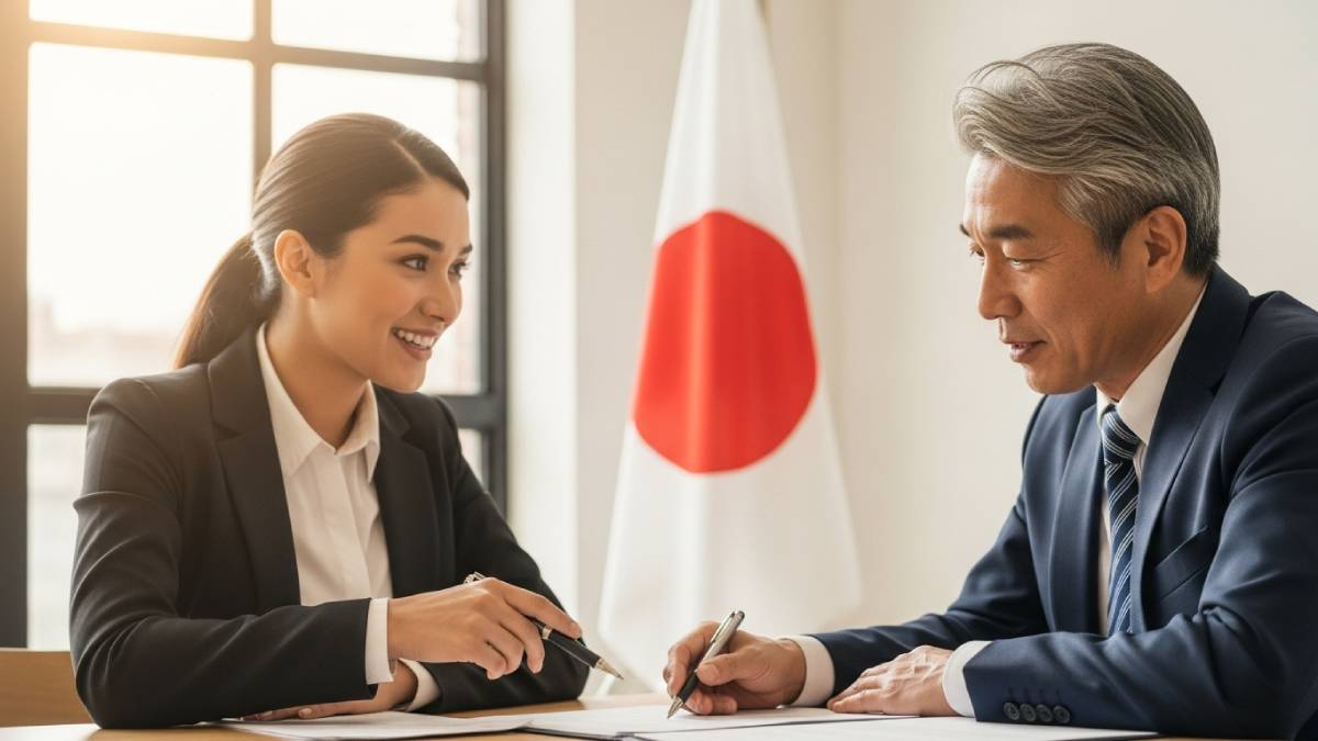 Traducteur avec client japonophone, bureau lumineux, drapeau japonais bien visible