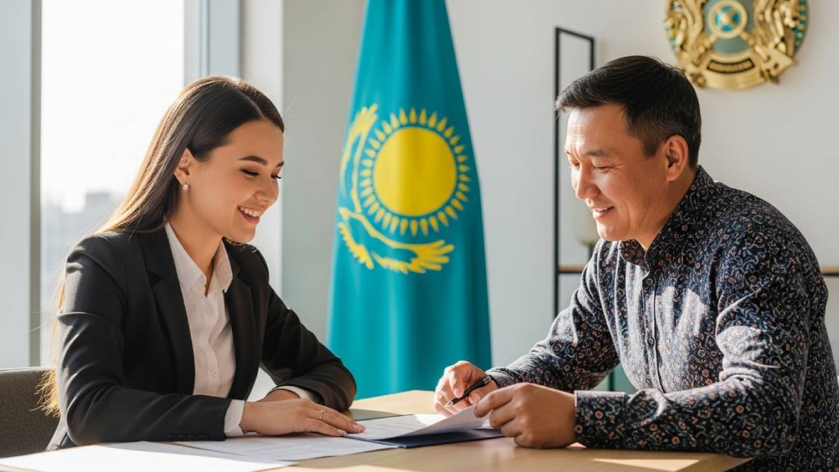 Traducteur avec client kazakh, bureau lumineux, drapeau kazakh bien visible