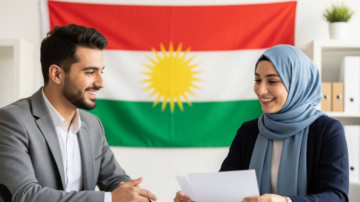 Traducteur avec client kurde, bureau lumineux, drapeau kurde bien visible