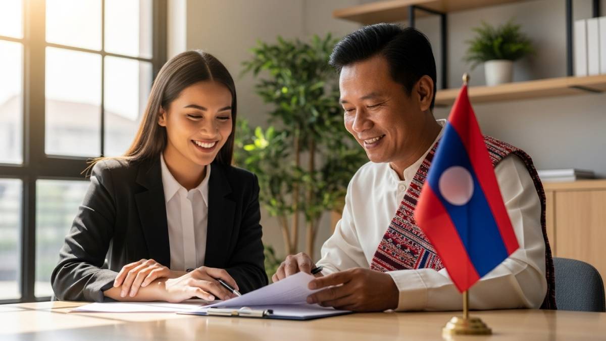 Traducteur avec client laophone, bureau lumineux, drapeau du Laos bien visible