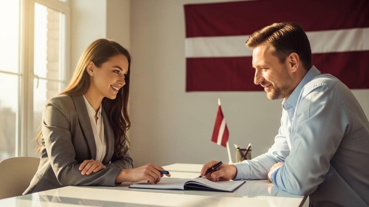 Traducteur avec client letton, discussion chaleureuse, drapeau letton bien visible