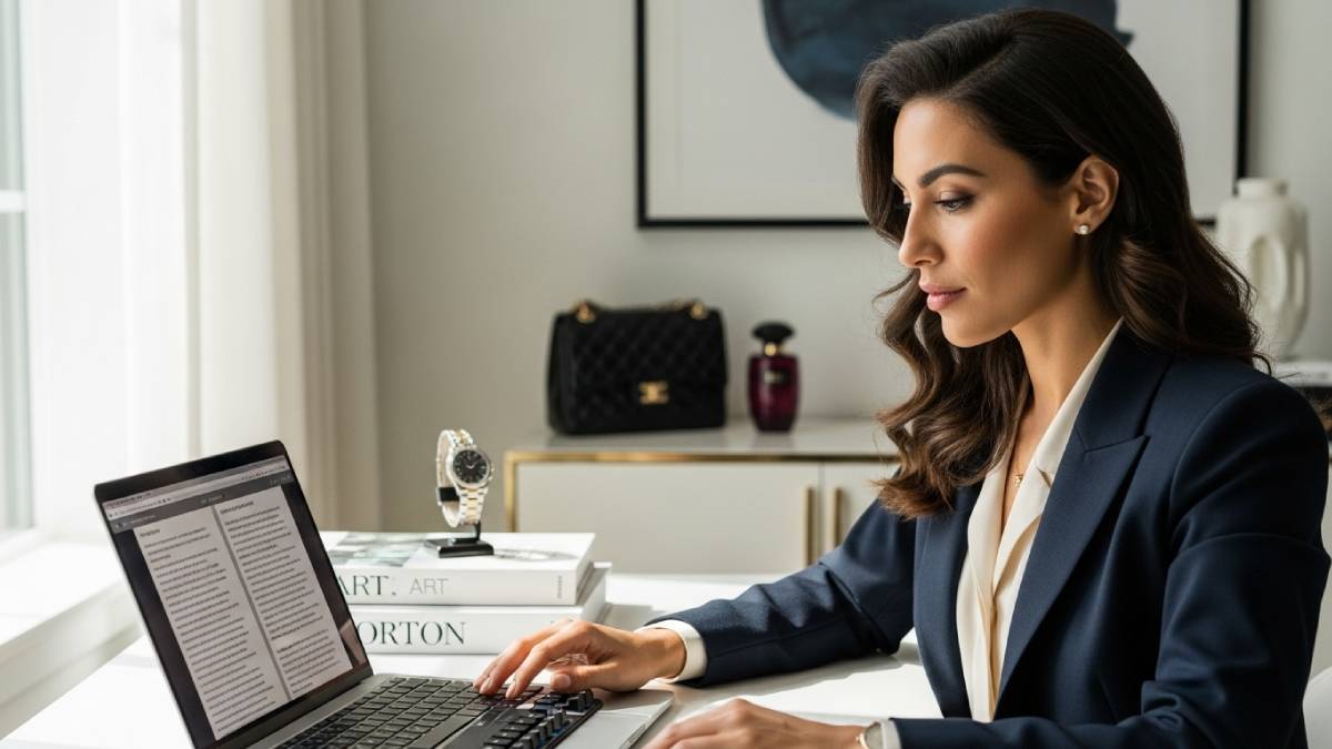 Traductrice dans un bureau chic avec objets de luxe en arrière-plan