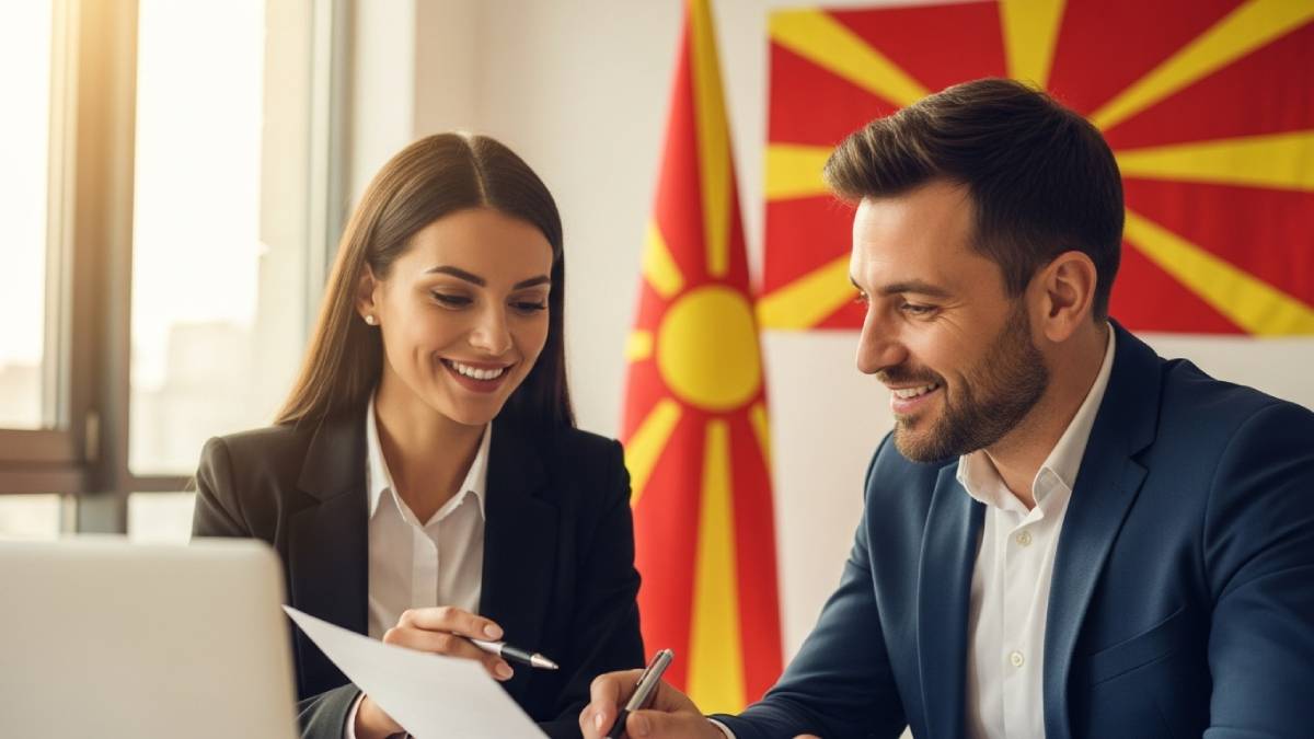 Traducteur avec client macédonien, bureau lumineux, drapeau macédonien bien visible