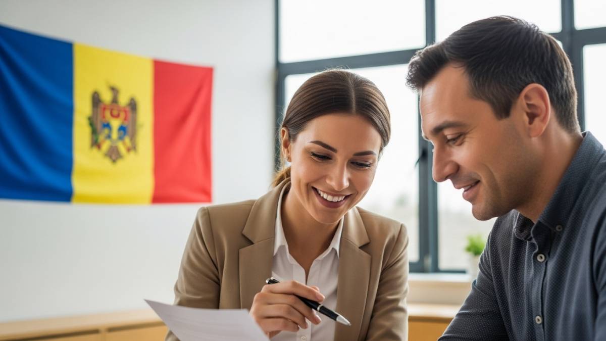 Traducteur avec client moldavophone, bureau moderne, drapeau moldave bien visible