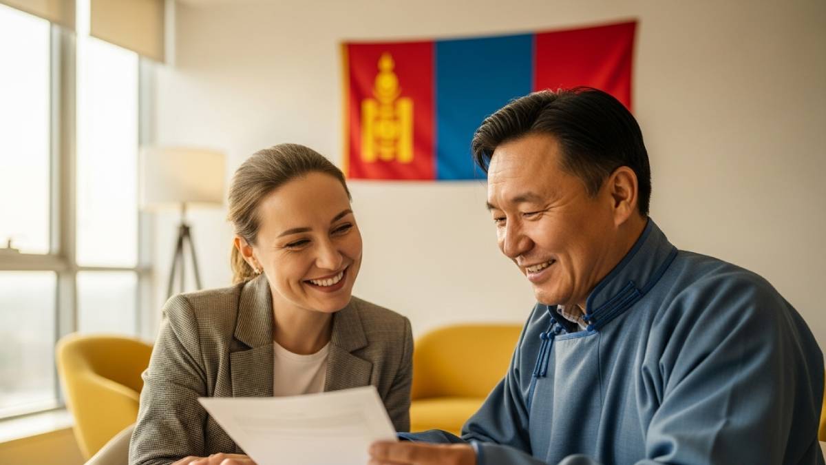 Traducteur avec client mongol, bureau lumineux, drapeau mongol bien visible