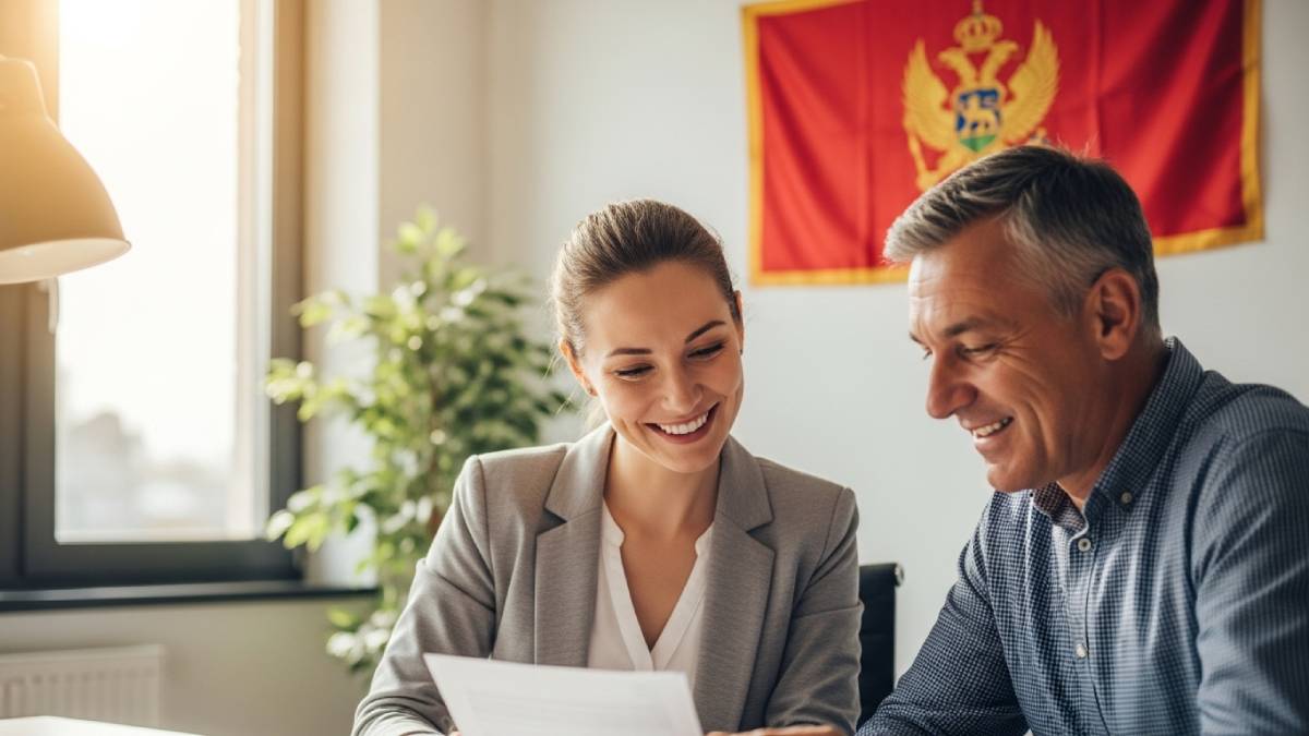 Traducteur avec client monténégrin, discussion souriante, drapeau monténégrin bien visible