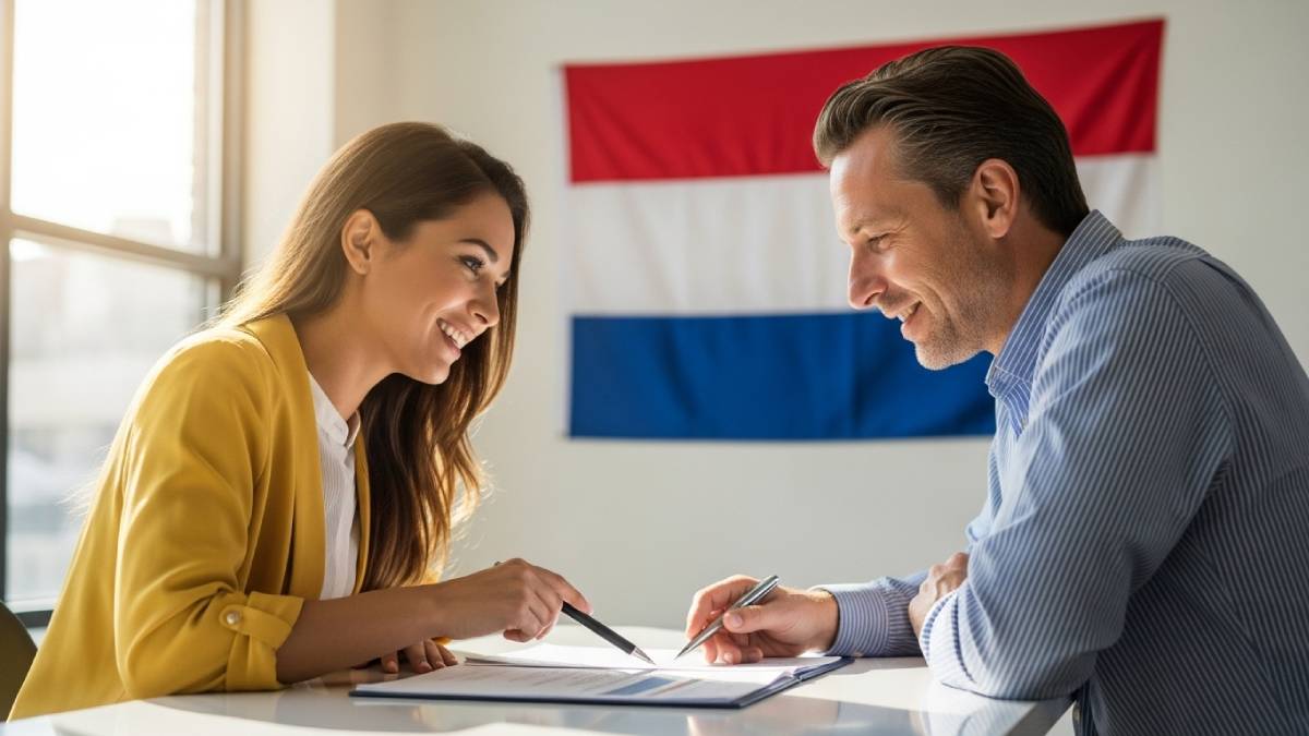 Traduttore in trattativa con un cliente di lingua olandese, ufficio moderno, bandiera olandese