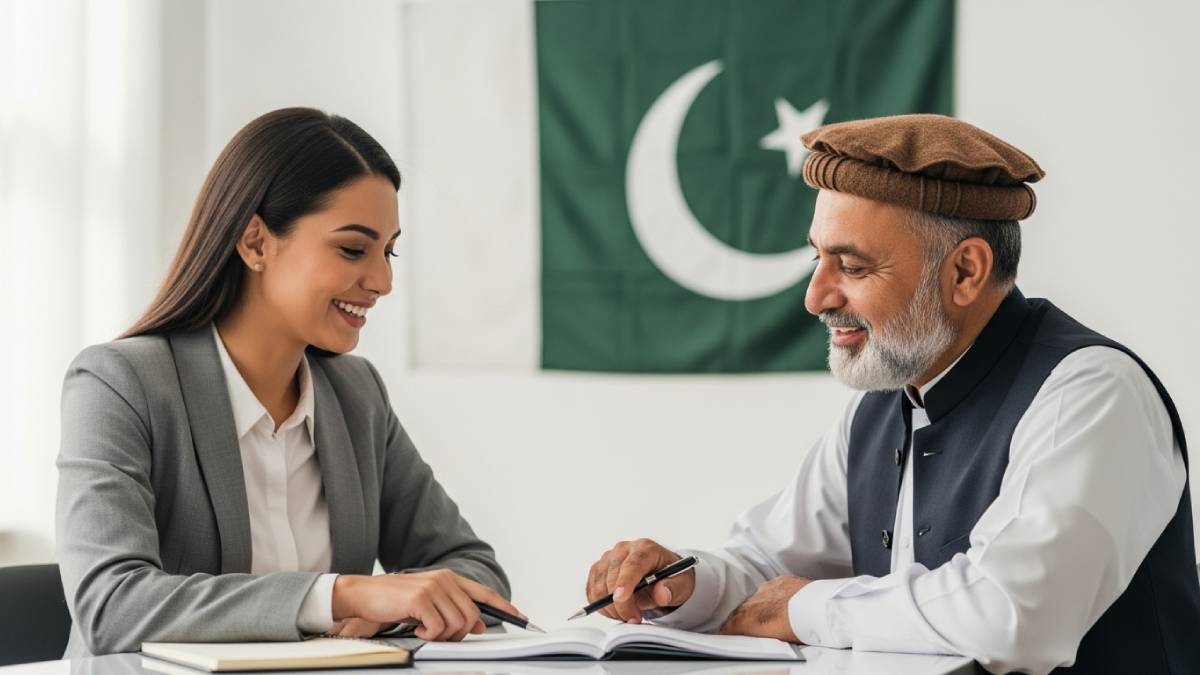 Traducteur avec client ourdophone, bureau lumineux, drapeau pakistanais bien visible