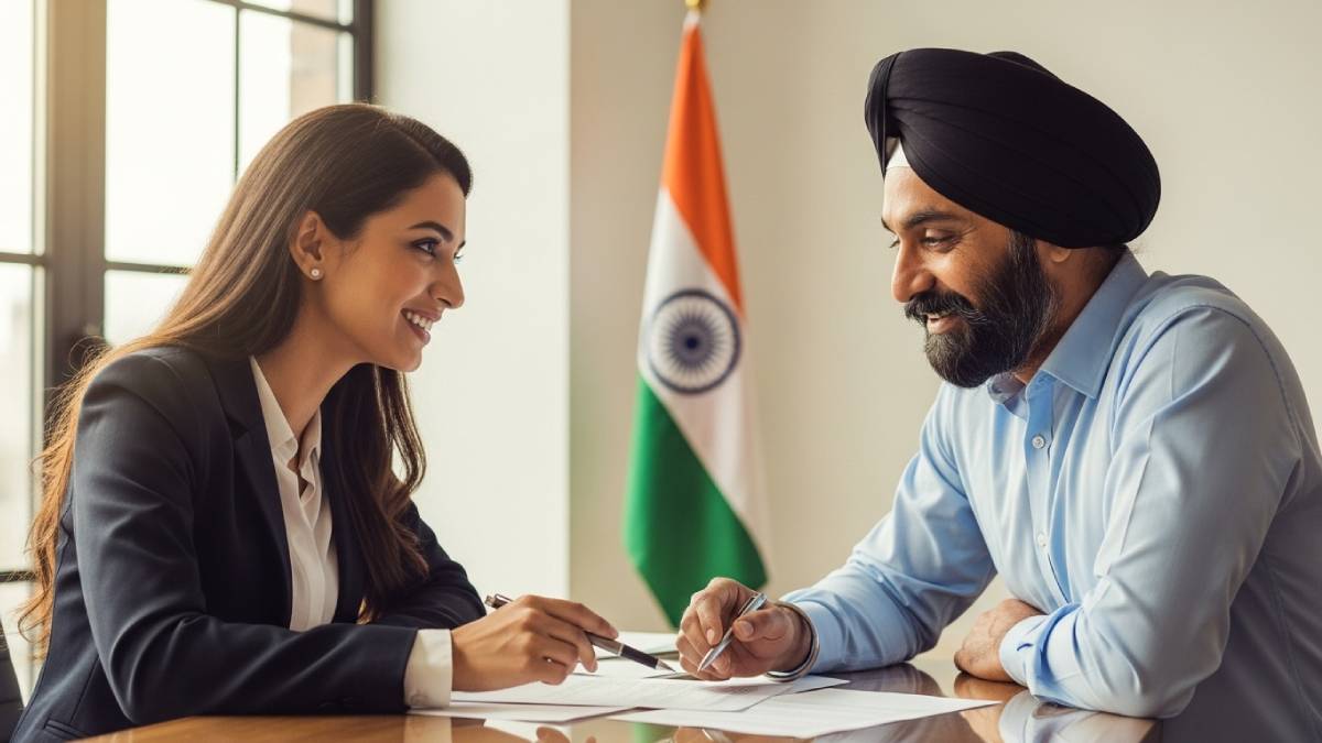 Traducteur avec client punjabi, bureau lumineux, drapeau indien bien visible