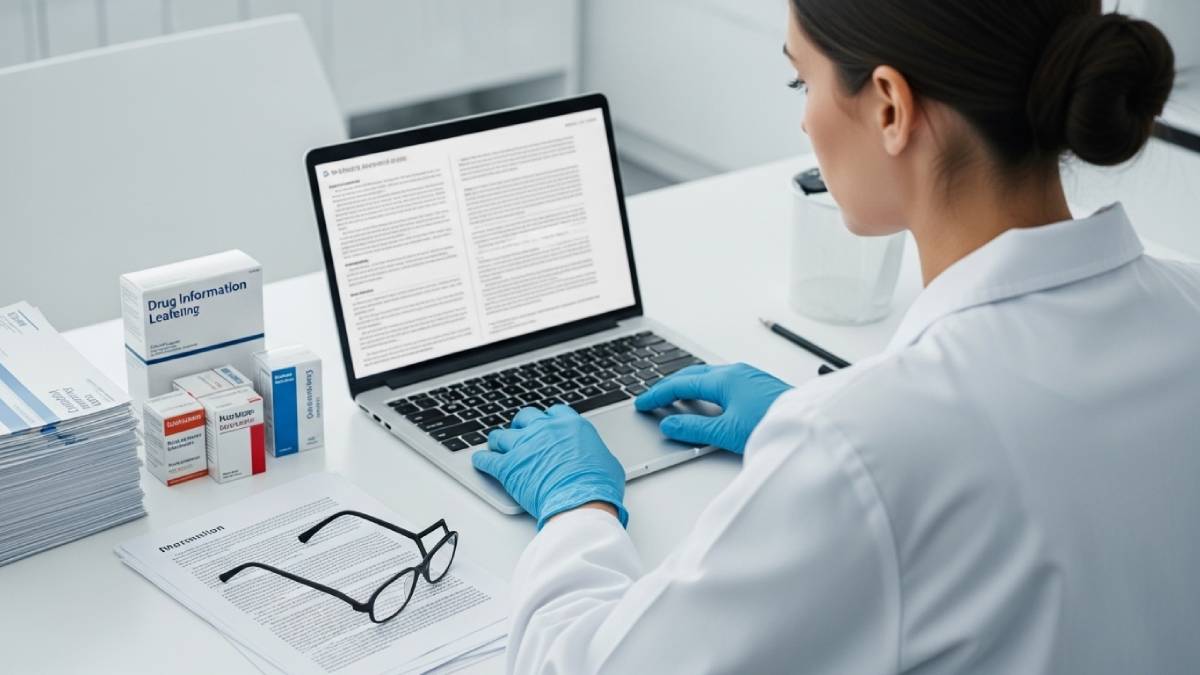 Traductrice pharma analysant des documents médicaux dans un environnement de laboratoire