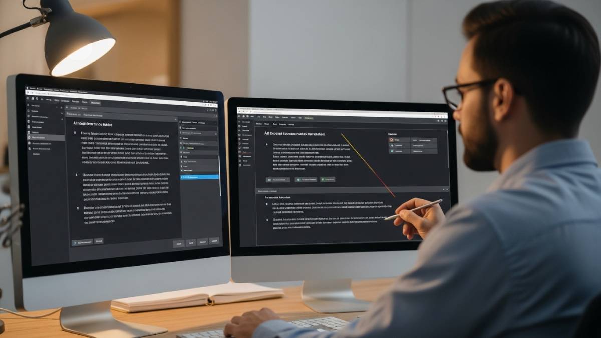 Traducteur corrigeant une traduction automatique sur deux écrans en bureau moderne