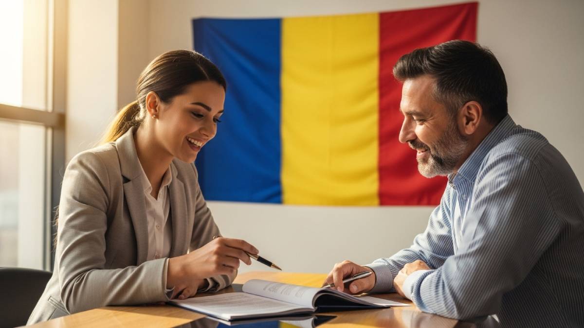 Traducteur avec client roumain, bureau lumineux, drapeau roumain bien visible