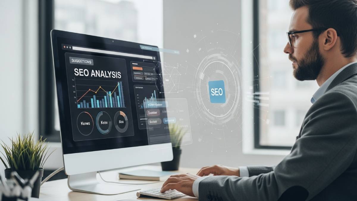 Traducteur SEO optimisant un contenu web multilingue dans un bureau digital marketing