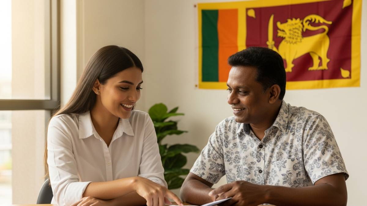 Traducteur avec client singhalais, bureau lumineux, drapeau sri-lankais bien visible