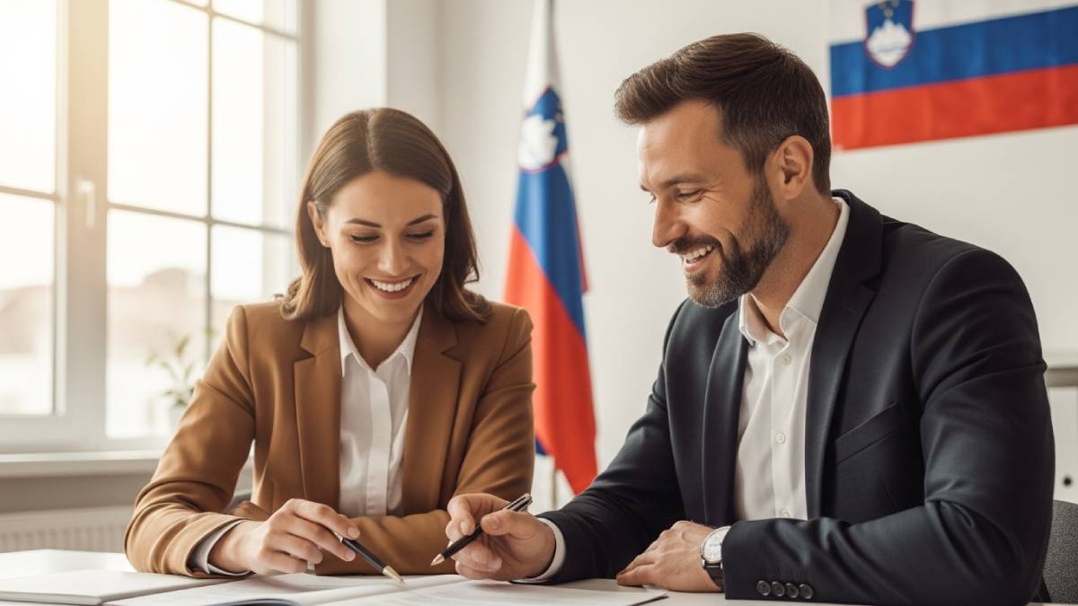 Traducteur avec client slovène, bureau moderne, drapeau slovène bien visible
