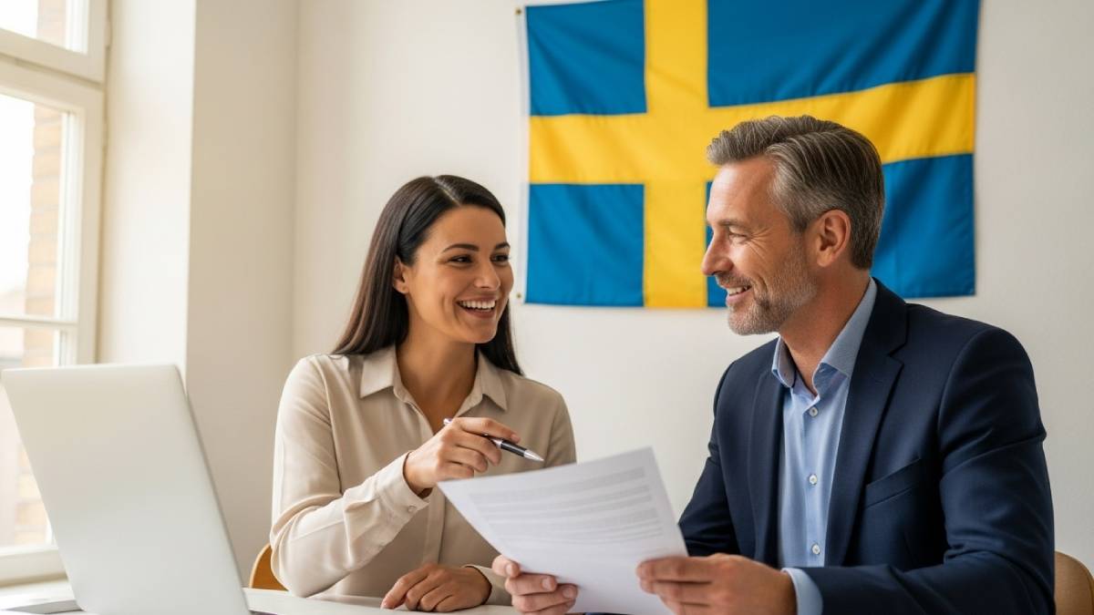 Traducteur avec client suédois, documents à la main, drapeau suédois bien visible