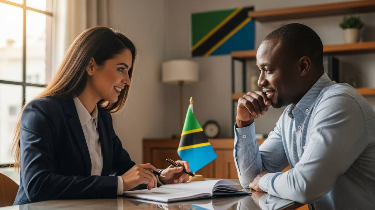 Traducteur avec client swahiliphone, bureau moderne, drapeau tanzanien bien visible